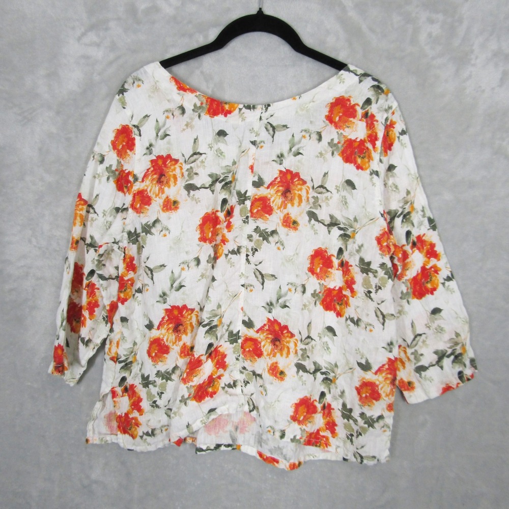 Inizio Womens Small Linen Floral Top 3/4 Sleeve Made in Italy White Orange Green - Picture 7 of 9